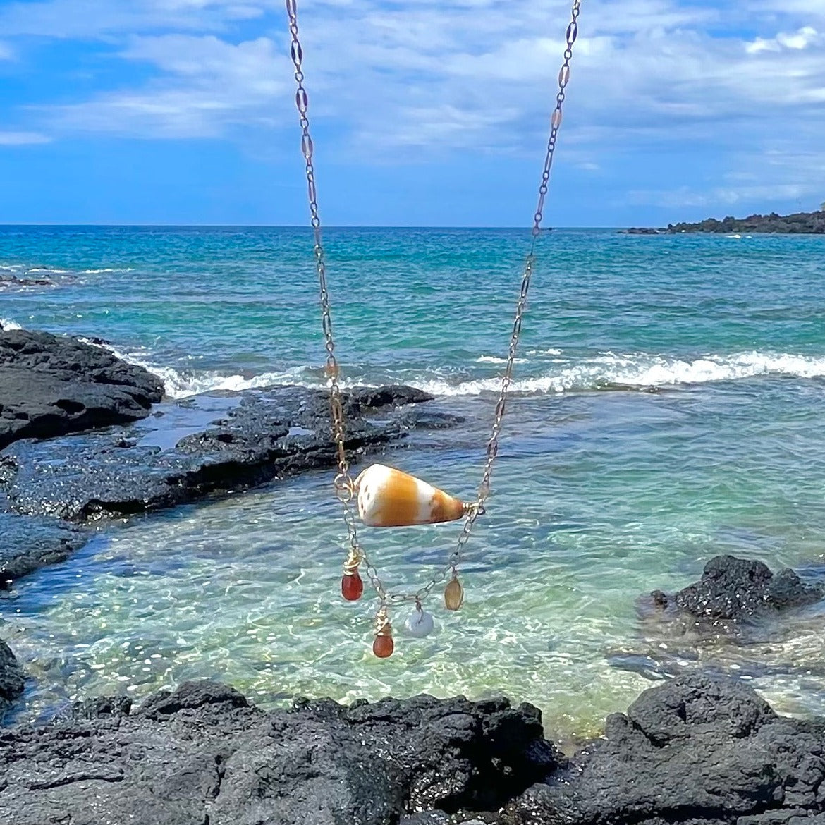 Orange Cone Shell Necklace with Gems on Rose Gold