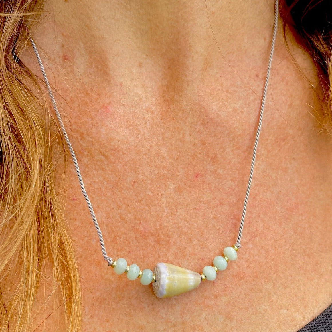 Amazonite Hawaiian Shell Necklace on Silk
