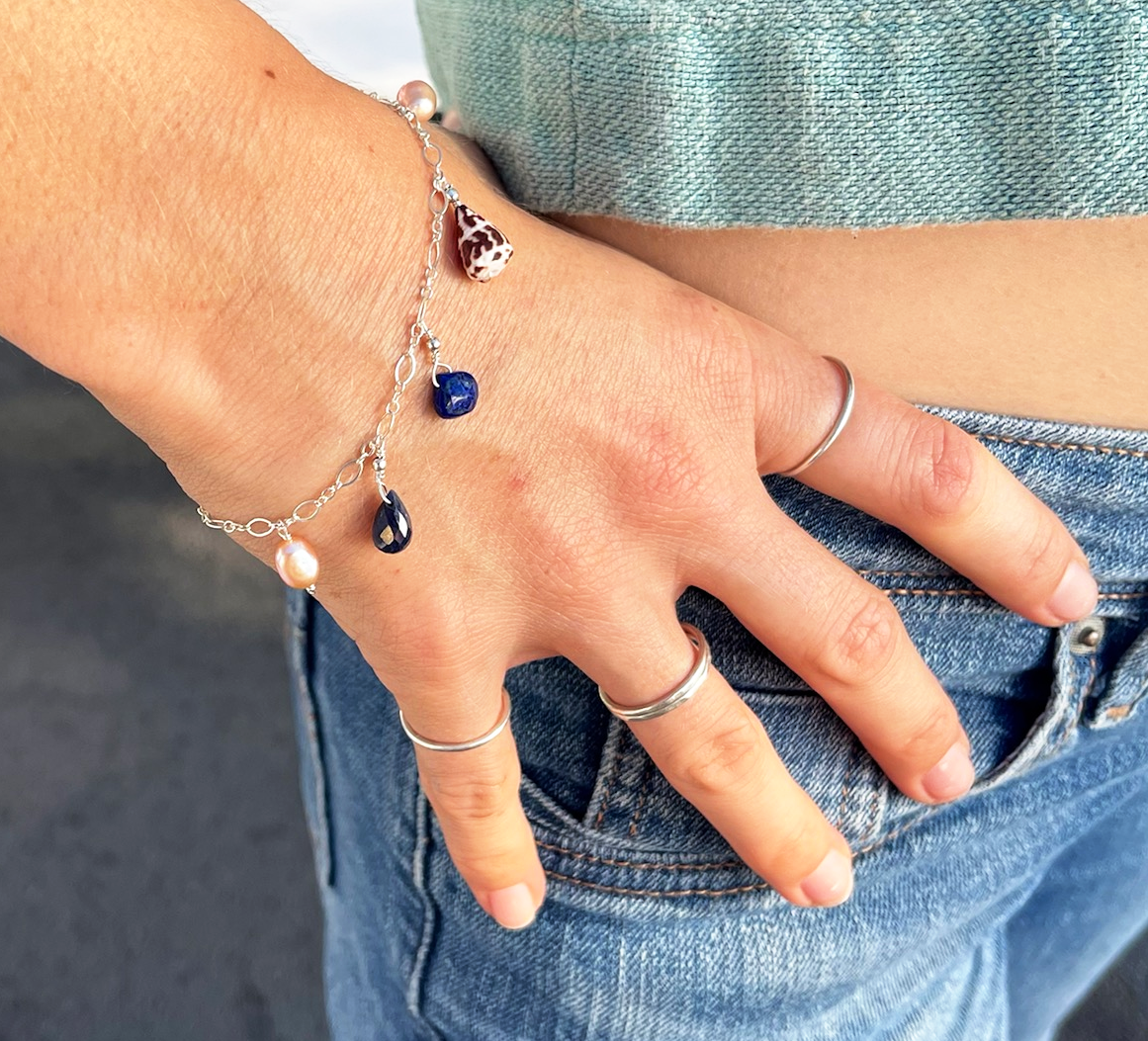 Sterling Silver Charm Bracelet with Lapis Stone and Hawaiian Shell with Pearls