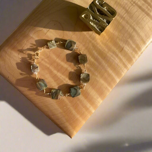 abalone and tanzanite beads in a 14k gold link bracelet