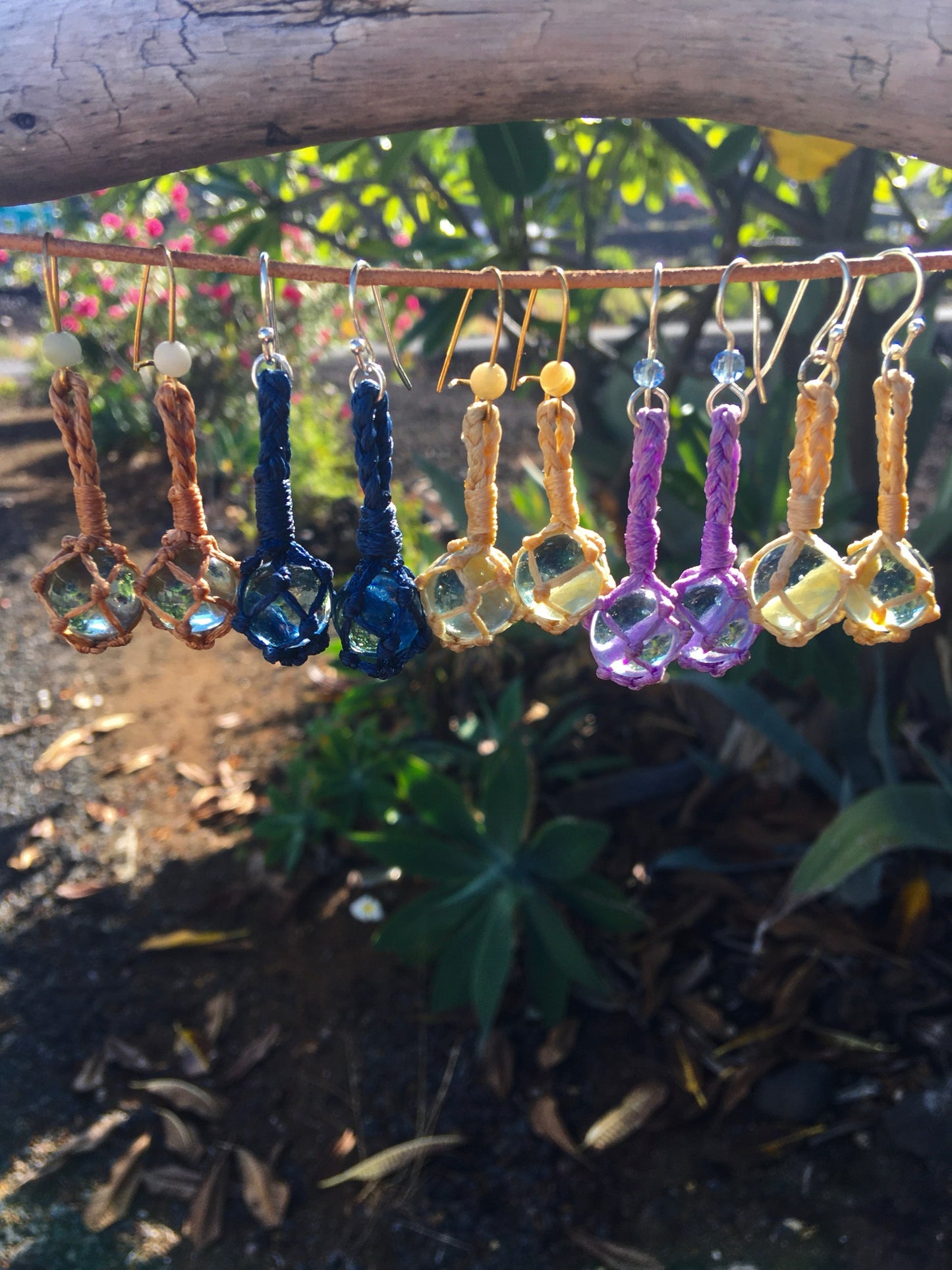 Glass buoy earrings with macrame