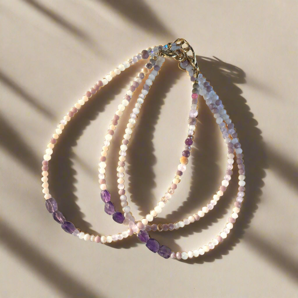 Crystal Beaded Anklet with Amethyst Gems