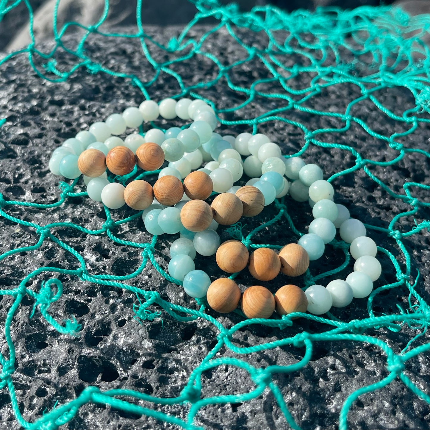 Aqua Blue and Sandalwood Stretch Bracelet