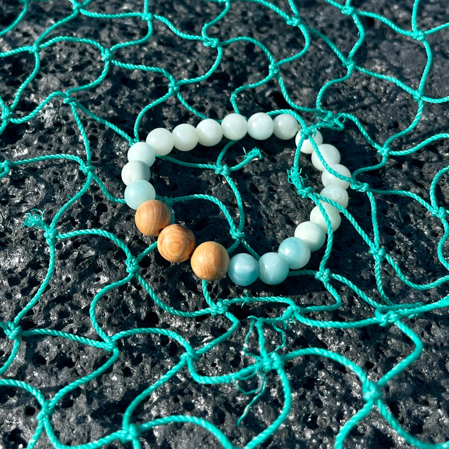 Aqua Blue and Sandalwood Stretch Bracelet