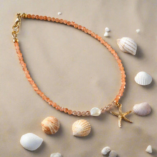 Peach Starfish Anklet with Freshwater Pearl